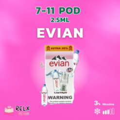 Evian น้ำแร่ สำหรับคนชอบความเย็น ไม่หวาน ให้ความรู้สึกสดชื่นแบบสุดๆ ใช้กับเครื่อง JUES , RELX Infinity , INFY ได้ ความจุ 2.5 มล. NIC 3%