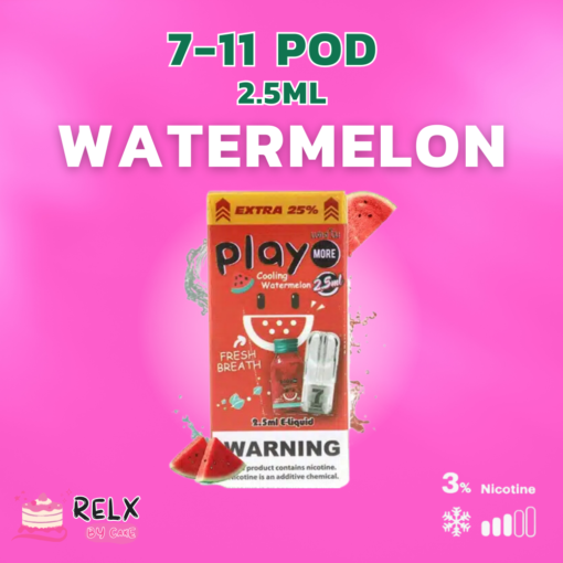 Play Watermelon ลูกอมแตงโม มีความหอมของแตงโม และความเย็นทำให้รู้สึกสดชื่นสุดๆ ใช้กับเครื่อง JUES , RELX Infinity , INFY ได้ ความจุ 2.5 มล. NIC 3%
